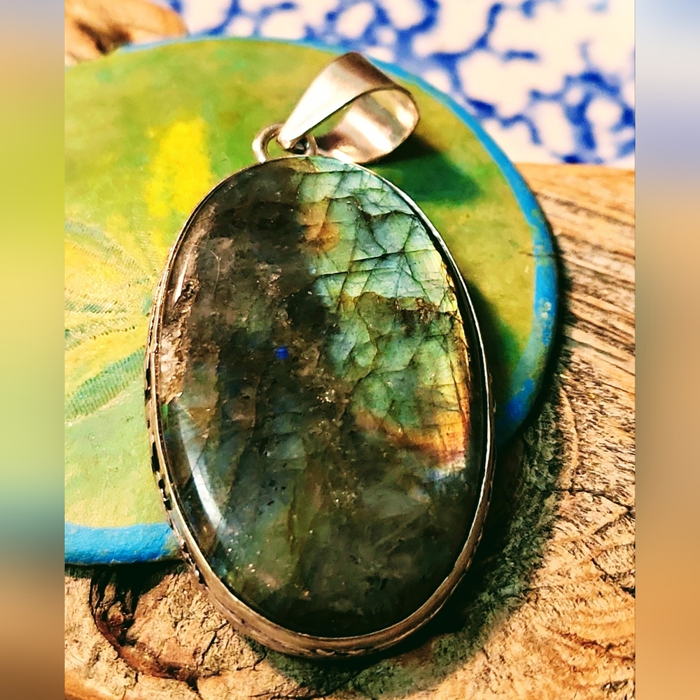 2.3", Xlarge, Natural, Oval-Shaped Labradorite Cabochon Pendent.
